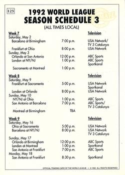 1992 Ultimate WLAF #123 1992 TV Schedule 3 Back