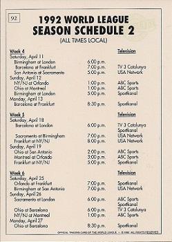 1992 Ultimate WLAF #92 1992 TV Schedule 2 Back