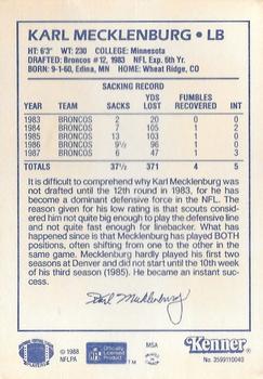 1988 Kenner Starting Lineup Cards #3599110040 Karl Mecklenburg Back