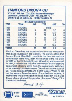 1989 Kenner Starting Lineup Cards #3992977030 Hanford Dixon Back