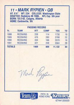 1992 Kenner Starting Lineup Cards #6744120000 Mark Rypien Back