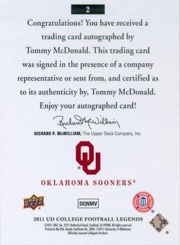 2011 Upper Deck College Football Legends - Autographs #2 Tommy McDonald Back