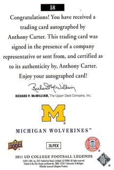 2011 Upper Deck College Football Legends - Autographs #58 Anthony Carter Back