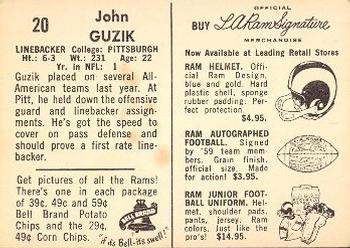1959 Bell Brand Los Angeles Rams #20 John Guzik Back