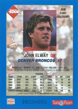 1992 Collector's Edge - Promos #NNO Elway Dealerships Back