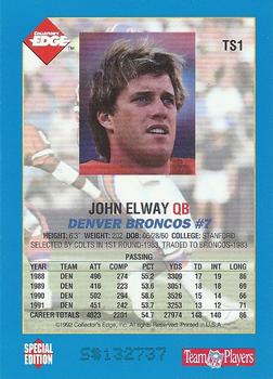 1992 Collector's Edge - Promos #TS1 John Elway Back