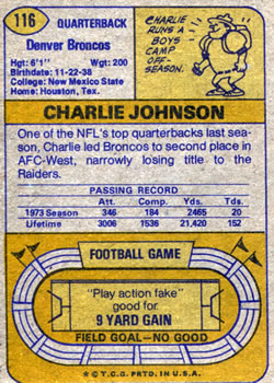 1974 Topps Parker Brothers Pro Draft #116 Charlie Johnson Back