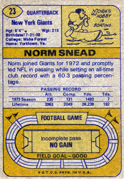 1974 Topps Parker Brothers Pro Draft #23 Norm Snead Back