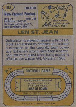 1974 Topps Parker Brothers Pro Draft #103 Len St. Jean Back