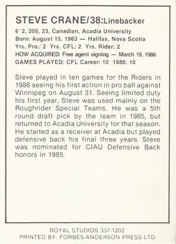 1987 Saskatchewan Roughriders #NNO Steve Crane Back