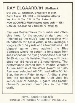 1987 Saskatchewan Roughriders #NNO Ray Elgaard Back
