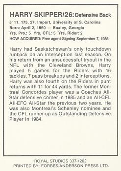 1987 Saskatchewan Roughriders #NNO Harry Skipper Back