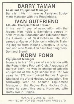 1987 Saskatchewan Roughriders #NNO Back Room Staff - Barry Taman, Ivan Friend, Norm Fong Back
