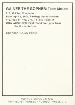 1987 Saskatchewan Roughriders #NNO Gainer (Mascot) Back