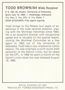 1987 Saskatchewan Roughriders #NNO Todd Brown Back