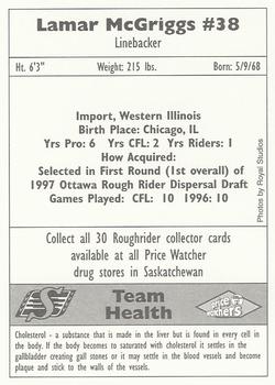 1997 Saskatchewan Roughriders #19 Lamar McGriggs Back