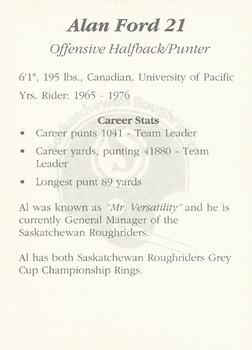 1991 Saskatchewan Roughriders 25th Anniversary Grey Cup 1966-1991 #NNO Alan Ford  Back