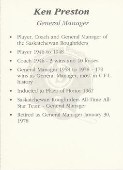 1991 Saskatchewan Roughriders 25th Anniversary Grey Cup 1966-1991 #NNO Ken Preston Back