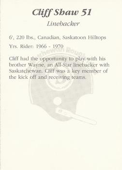 1991 Saskatchewan Roughriders 25th Anniversary Grey Cup 1966-1991 #NNO Cliff Shaw Back