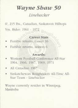 1991 Saskatchewan Roughriders 25th Anniversary Grey Cup 1966-1991 #NNO Wayne Shaw Back