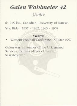 1991 Saskatchewan Roughriders 25th Anniversary Grey Cup 1966-1991 #NNO Galen Wahlmeier Back
