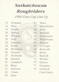 1991 Saskatchewan Roughriders 25th Anniversary Grey Cup 1966-1991 #NNO 1966 Grey Cup Line Up Back
