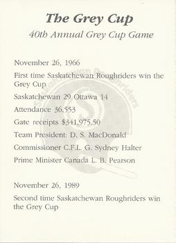 1991 Saskatchewan Roughriders 25th Anniversary Grey Cup 1966-1991 #NNO Grey Cup Game Back