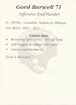 1991 Saskatchewan Roughriders 25th Anniversary Grey Cup 1966-1991 #NNO Gord Barwell Back