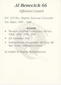 1991 Saskatchewan Roughriders 25th Anniversary Grey Cup 1966-1991 #NNO Al Benecick  Back