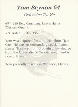 1991 Saskatchewan Roughriders 25th Anniversary Grey Cup 1966-1991 #NNO Tom Beynon Back