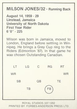1988 Saskatchewan Roughriders #NNO Milson Jones Back