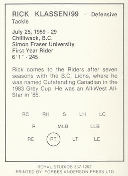 1988 Saskatchewan Roughriders #NNO Rick Klassen Back