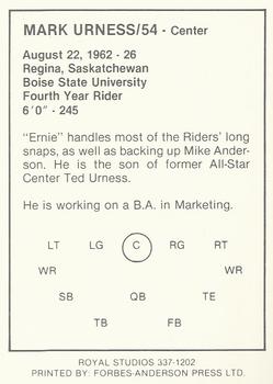 1988 Saskatchewan Roughriders #NNO Mark Urness Back