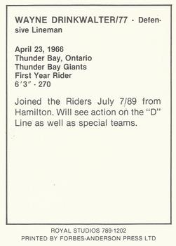 1989 Royal Studios Saskatchewan Roughriders #NNO Wayne Drinkwalter Back