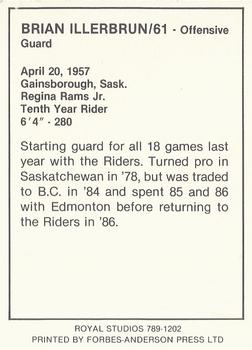 1989 Royal Studios Saskatchewan Roughriders #NNO Bryan Illerbrun Back