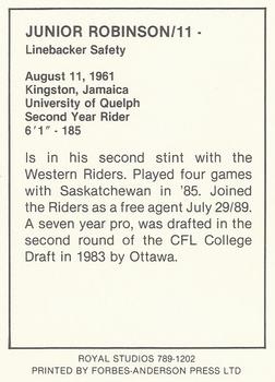 1989 Royal Studios Saskatchewan Roughriders #NNO Junior Robinson  Back