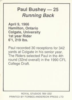 1990 Saskatchewan Roughriders #NNO Paul Bushey Back