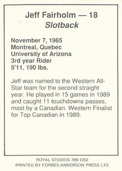 1990 Saskatchewan Roughriders #NNO Jeff Fairholm  Back