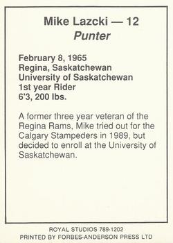 1990 Saskatchewan Roughriders #NNO Mike Lazcki Back