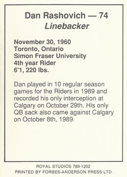 1990 Saskatchewan Roughriders #NNO Dan Rashovich  Back