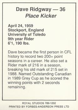 1990 Saskatchewan Roughriders #NNO Dave Ridgway Back