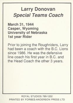1990 Saskatchewan Roughriders #NNO Larry Donovan Back