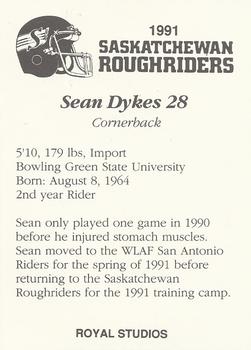 1991 Saskatchewan Roughriders #NNO Sean Dykes  Back