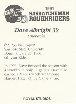 1991 Saskatchewan Roughriders #NNO Dave Albright  Back