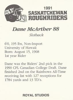 1991 Saskatchewan Roughriders #NNO Dane McArthur Back
