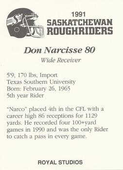 1991 Saskatchewan Roughriders #NNO Don Narcisse  Back