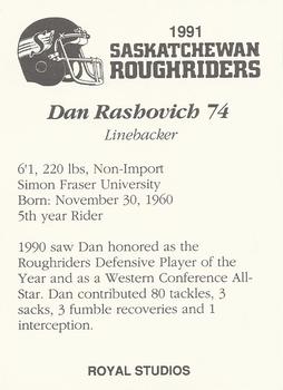 1991 Saskatchewan Roughriders #NNO Dan Rashovich Back