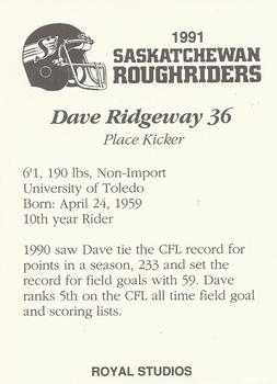 1991 Saskatchewan Roughriders #NNO Dave Ridgway  Back