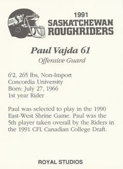 1991 Saskatchewan Roughriders #NNO Paul Vajda Back