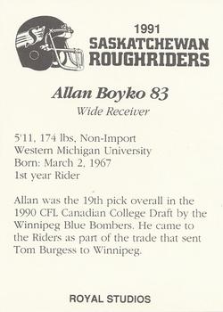 1991 Saskatchewan Roughriders #NNO Allan Boyko  Back